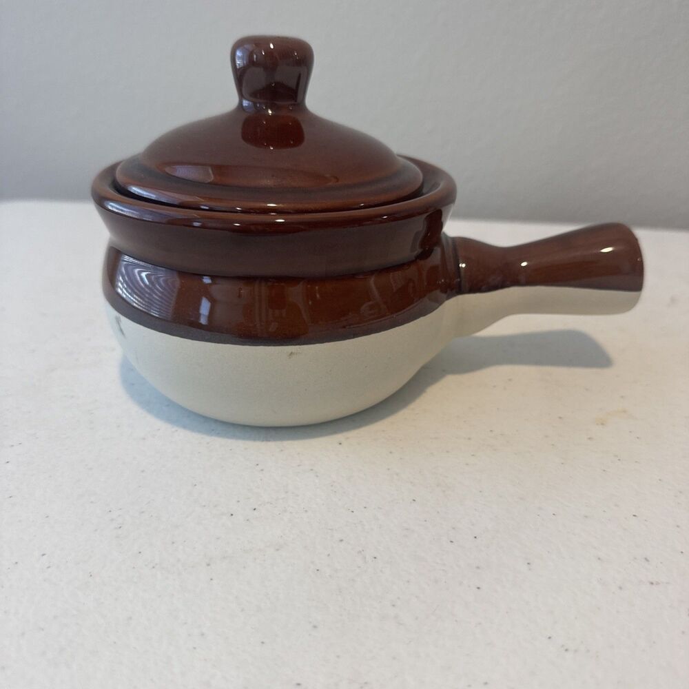 Individual Covered Casserole Dish Pottery Crock with Handle 3 Tone Brown Vintage